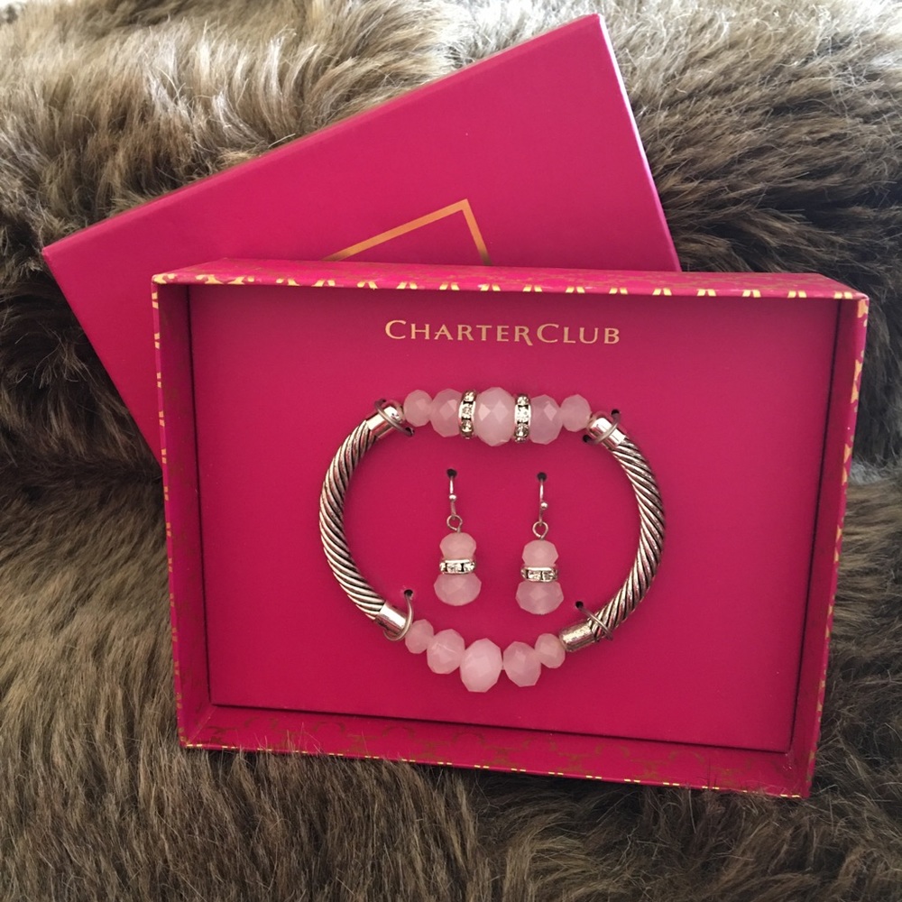 Charter Club faceted pink glass stone jewelry set
